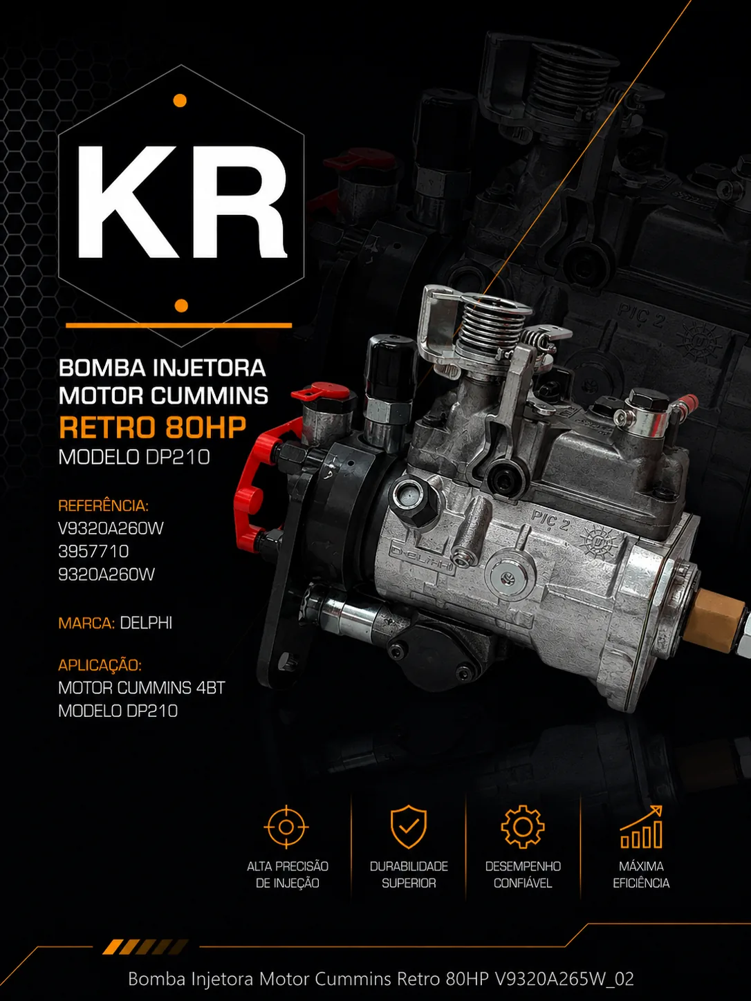 Bomba Injetora Motor Cummins 4BT Retroescavadeira 80HP — Delphi V9320A265W — imagem 2